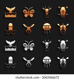 Set Rabbit head, Wild boar, Rhinoceros, Jellyfish, Octopus, Giraffe, Whale tail ocean wave and Butterfly icon. Vector