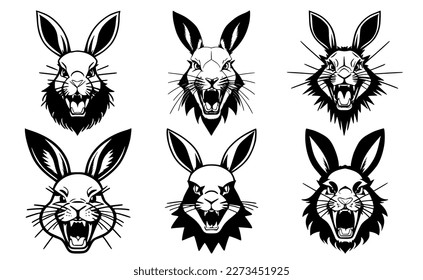 Set of rabbit heads with open mouth and bared fangs, with different angry expressions of the muzzle. Symbols for tattoo, emblem or logo, isolated on a white background.