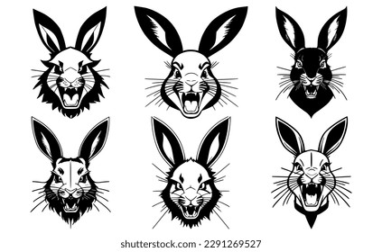 Set of rabbit heads with open mouth and bared fangs, with different angry expressions of the muzzle. Symbols for tattoo, emblem or logo, isolated on a white background.