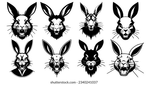 Set of rabbit heads with open mouth and bared fangs, with different angry expressions of the muzzle. Symbols for tattoo, emblem or logo, isolated on a white background.