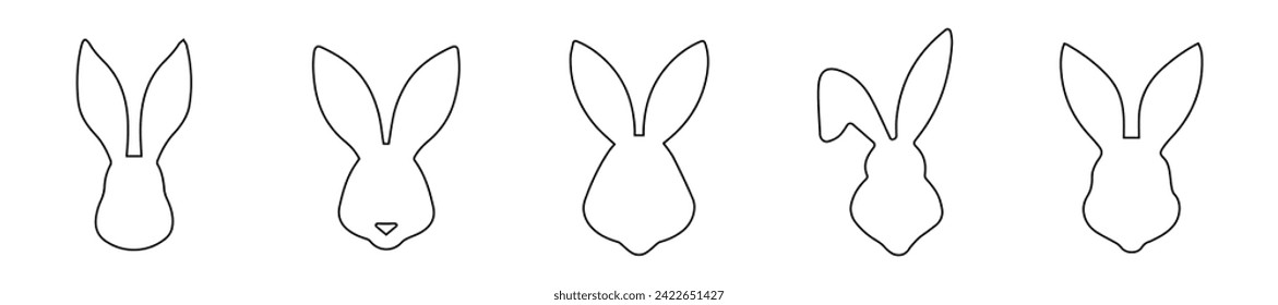 Conjunto de cabezas de conejo en contorno. Bunnies de Pascua. Aislado sobre fondo blanco. Un simple ícono negro de hares. Animales bonitos. Ideal para logotipo, emblema, pictograma, impresión, elemento de diseño para tarjeta de saludo.