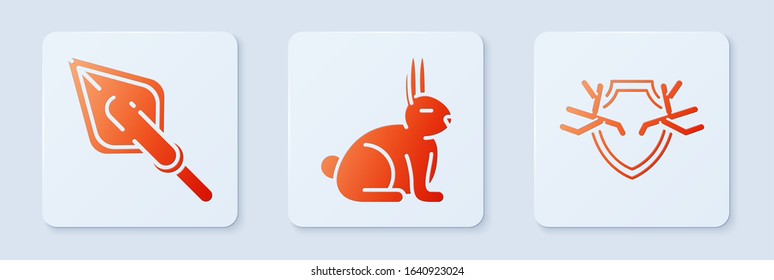 Set Rabbit, Hipster arrow tip and Deer antlers on shield. White square button. Vector