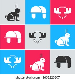 Set Rabbit, Hunter hat and Moose horns on shield icon. Vector