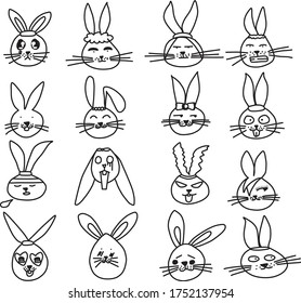 A Set of rabbit icons for business, nature, planet, outdoor, food, drink, education, animal, interior, utility content with doodle cartoon style