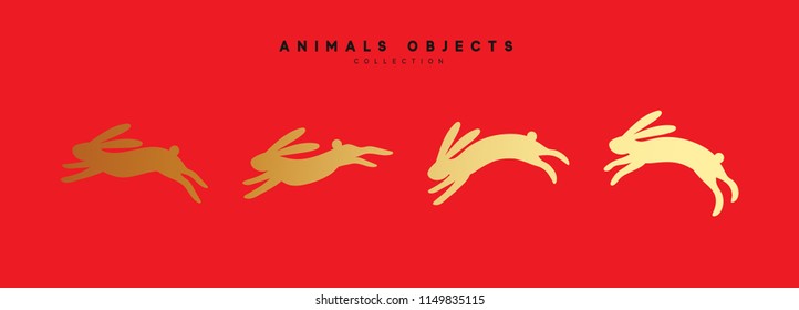 Set of rabbit illustration. Collection golden bunny isolated on red background.