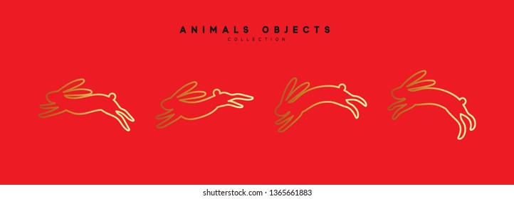 Set of rabbit illustration. Collection golden bunny isolated on red background.