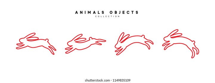 Set of rabbit illustration. Collection red bunny isolated on white background.