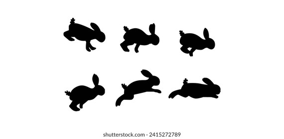 A set of rabbit jump phases. Black silhouette on a white background.  rabbit silhouette design. The hare sits, prepares to jump, jumps, and lands. 