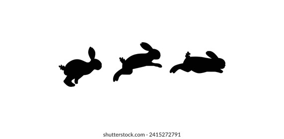 A set of rabbit jump phases. Black silhouette on a white background.  rabbit silhouette design. The hare sits, prepares to jump, jumps, and lands. 