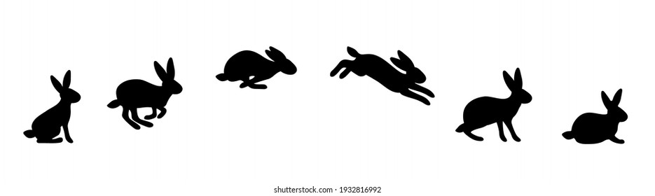 A Set Of Rabbit Jump Phases. The Hare Sits, Prepares To Jump, Jumps, Lands. Black Silhouette On A White Background. Vector Illustration.