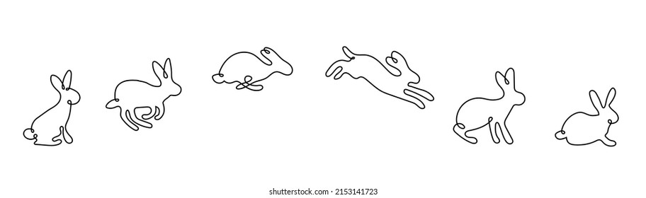 Un conjunto de fases de salto de conejo. La liebre está sentada, preparándose para saltar, saltar, aterrizar. Ilustración de vector lineal, negro y blanco en forma de doodle