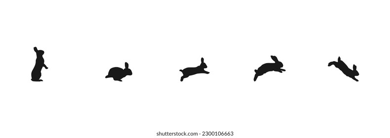 A set of rabbit jump phases. The hare sits, prepares to jump, jumps, lands. Black silhouette on a white background. Vector illustration.Pets and farm animals collection.rabbit silhouettes design .