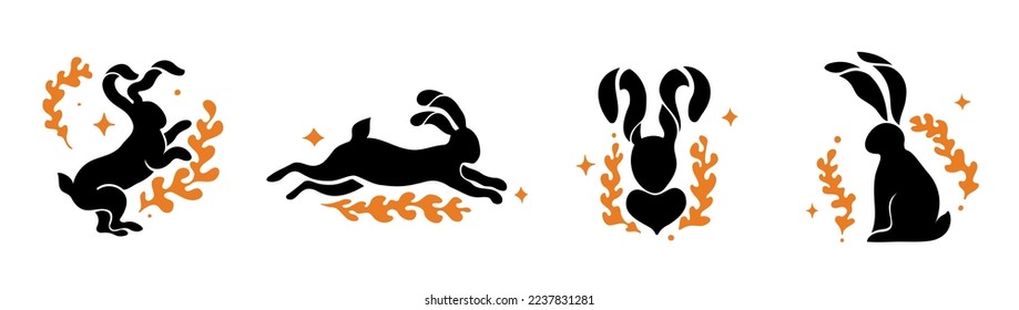 A set of rabbit jump run. Easter Bunny.Chinese hare.new year decor element. Black silhouette on a white background. Vector illustration. Card
