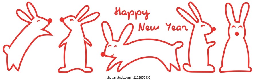 Conjunto de conejos sobre blanco. Estilo dibujado a mano. Ilustración vectorial. Feliz Navidad. Feliz Año Nuevo 2023.
