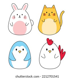 Set of rabbit, penguin, cat and chicken. cute animals cartoon. pastel color. vector illustration