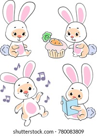 set of rabbit rabbits on a white background, eats a cake with carrots, dances to music, reads a book, sits, smiles