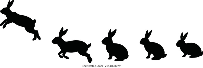 Set of Rabbit Silhouette Vector Illustrations – Jumping and Sitting Bunny in Motion
