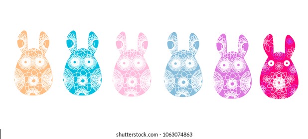Set of rabbit silhouettes with a bright abstract pattern. Vector illustration isolated on white background. Unusual bunny for the Easter design and cards