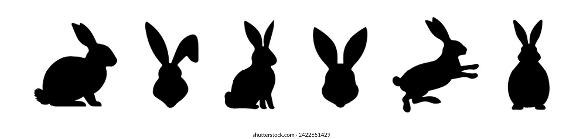 Conjunto de siluetas de conejo. Abundantes de Pascua. Aislado sobre un fondo blanco. Un simple ícono negro de hares. Animales bonitos. Ideal para logotipo, emblema, pictograma, impresión, elemento de diseño para tarjeta de saludo.