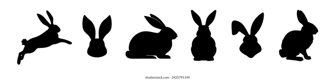 Set of Rabbit silhouettes. Easter bunnies. Isolated on a white backdrop. A simple black icons of hares. Cute animals. Ideal for logo, emblem, pictogram, print, design element for greeting card.