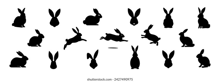 Set of Rabbit silhouettes. Easter bunnies. Isolated on a white backdrop. A simple black icons of hares. Cute animals. Suitable for logo, emblem, pictogram, print, design element for greeting card