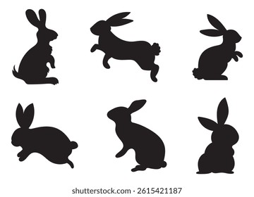 Set of Rabbit silhouettes. Easter bunnies. Isolated on a white backdrop. A simple black icons of hares. Cute animals. Ideal for logo, emblem, pictogram, print, design element for greeting card.