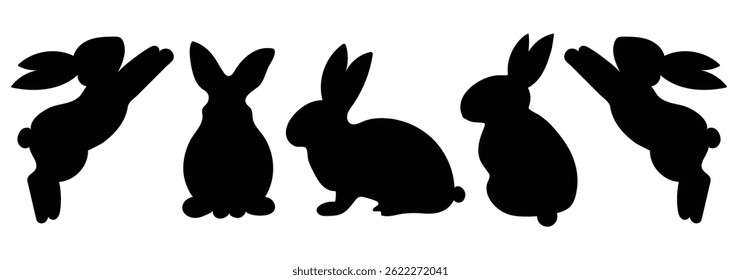 Set of rabbit silhouettes. Easter bunny silhouettes, rabbit clip art set, isolated decorative elements for the holidays. Set of different rabbits silhouettes for design use. Design eps 10. 