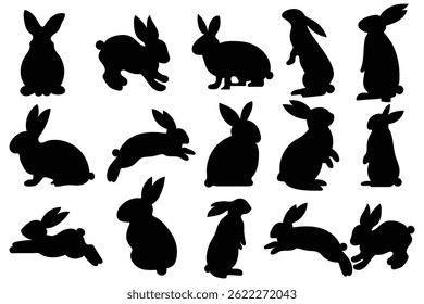 Set of rabbit silhouettes. Easter bunny silhouettes, rabbit clip art set, isolated decorative elements for the holidays. Set of different rabbits silhouettes for design use. Design eps 10. 