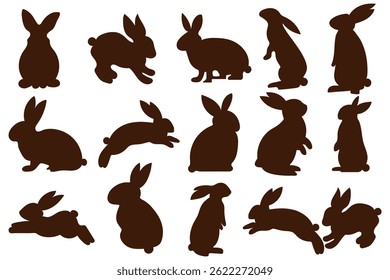 Set of rabbit silhouettes. Easter bunny silhouettes, rabbit clip art set, isolated decorative elements for the holidays. Set of different rabbits silhouettes for design use. Design eps 10. 