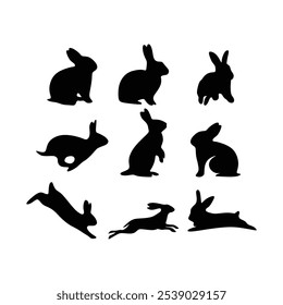 Set of rabbit silhouettes isolated on white background