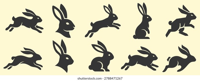 Set of rabbit silhouettes in jumping and sitting poses with wildlife silhouette illustration