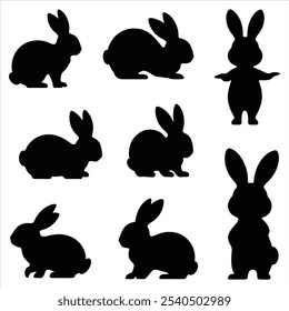 Set of rabbit silhouettes in various poses. isolated vector on white background.