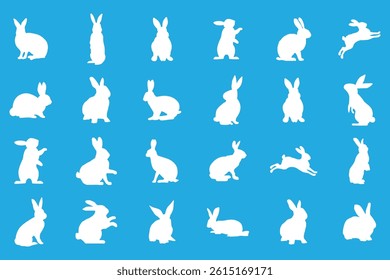 Set of rabbit silhouettes in various poses. Hand drawn black Easter bunny silhouettes isolated on a white background. Perfect decorative elements for design.