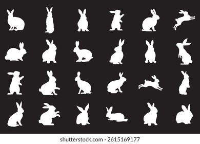 Set of rabbit silhouettes in various poses. Hand drawn black Easter bunny silhouettes isolated on a white background. Perfect decorative elements for design.