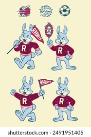 Set of Rabbit Sport Mascot in Vintage Style