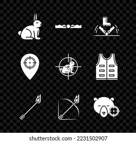 Conejo, Caza de Trampa, Flame arrow, Bow and fire, Caza en oso con cruces, lugar e ícono de conejo. Vector