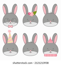 Conjunto de ilustraciones vectoriales de conejo. Un animal lindo de estilo plano. Colores rosa y gris pastel. Diseño infantil para los niños de la liebre. Ilustración divertida de conejito de guardería para bebés. Carácter animal salvaje.
