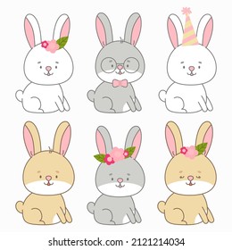 Set of rabbit vector illustration. Cute animal in flat style. Pastel pink and grey colors. Hare kids childish design. Nursery funny bunny illustration for babies. Wildlife animal character.
