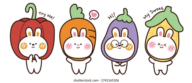Set of rabbit with vegetable on head. Sweet pepper, carrot, eggplant, sweet corn. Cute cartoon character design