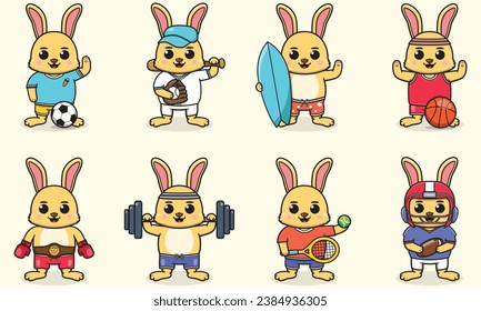 Set of Rabbit wearing uniform and using sports equipment. Funny animals doing exercis. Cute cartoon character vector set isolated on a white background. Cartoon animal sport. Rabbit cartoon. 