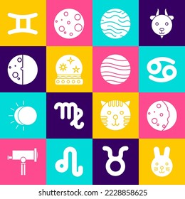 Set Rabbit zodiac, Eclipse of the sun, Cancer, Planet Venus, Magic ball, Gemini and Jupiter icon. Vector