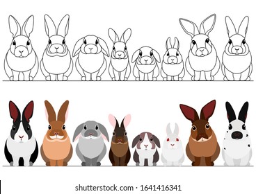 set of rabbits border, color and line art