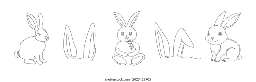 Set of rabbits and bunny ears. Continuous one line drawing. Simple line art. Isolated on white background. Minimalist style. Design elements for print, greeting, postcard, scrapbooking.