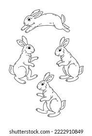 Set of Rabbits, Bunny, Hare, Easter. Vector illustration, Black and white