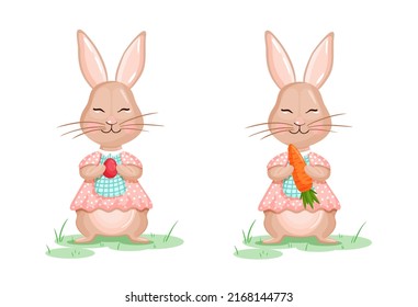 Set of rabbits with carrots and Easter Bunny with carrots.
