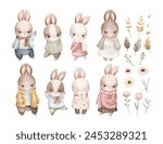 Set of Rabbits Character and Flowers