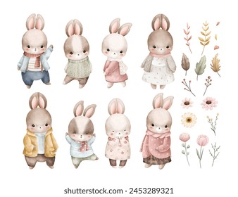 Set of Rabbits Character and Flowers