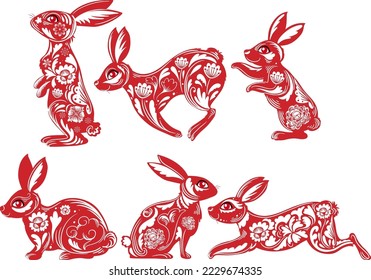Set of rabbits in Chinese style illustration