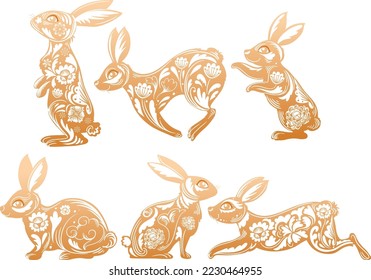 Set of rabbits in Chinese style illustration