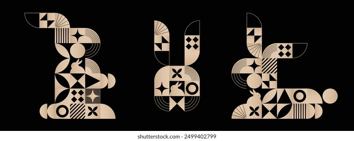 A set of rabbits composed of golden gradient geometric shapes. The fashionable and simple style rabbit shape is suitable for Easter, Mid-Autumn Festival and the Year of the Rabbit